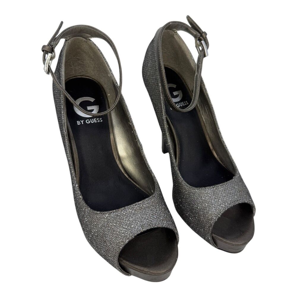 G By Guess GGVALORA Silver glitter Ankle Strap Open toe Stiletto Heels 8M